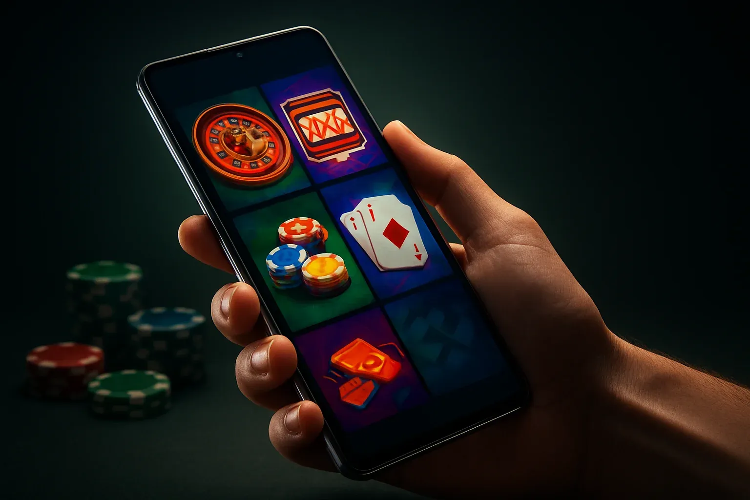 Flagship Android smartphone showing vivid casino app interface in dramatic lighting