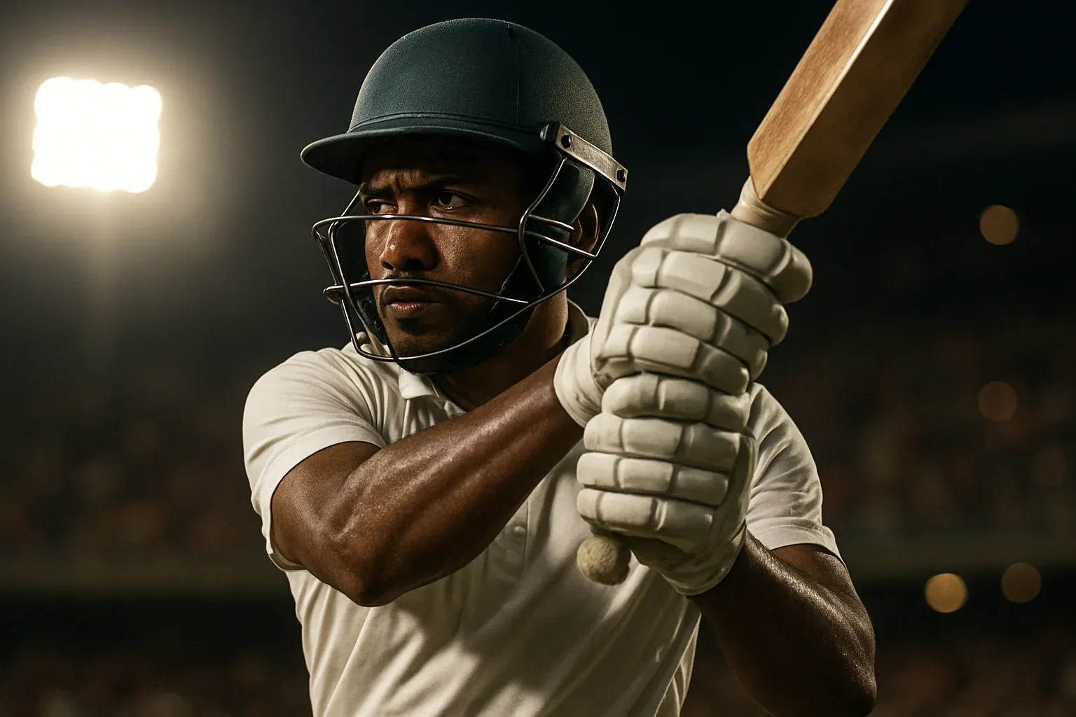 Bangladeshi male cricket batsman in white kit mid-swing under stadium lights