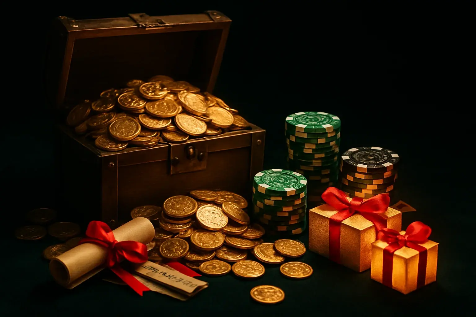 Overflowing treasure chest with gold coins, casino chips, vouchers, and gifts