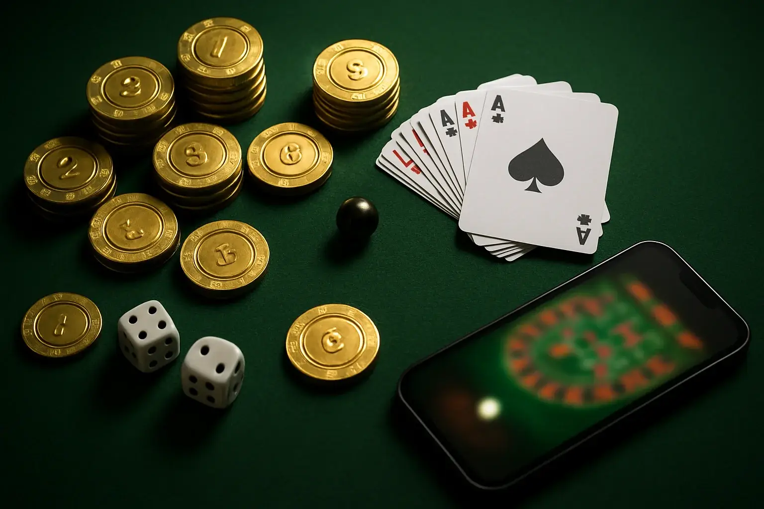 Top-down casino table with gold chips, cards, dice, roulette ball, smartphone