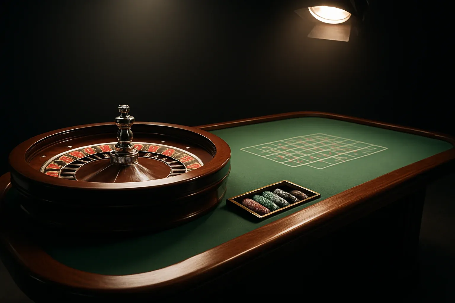 Hyperrealistic live casino studio with empty roulette table and dramatic lighting