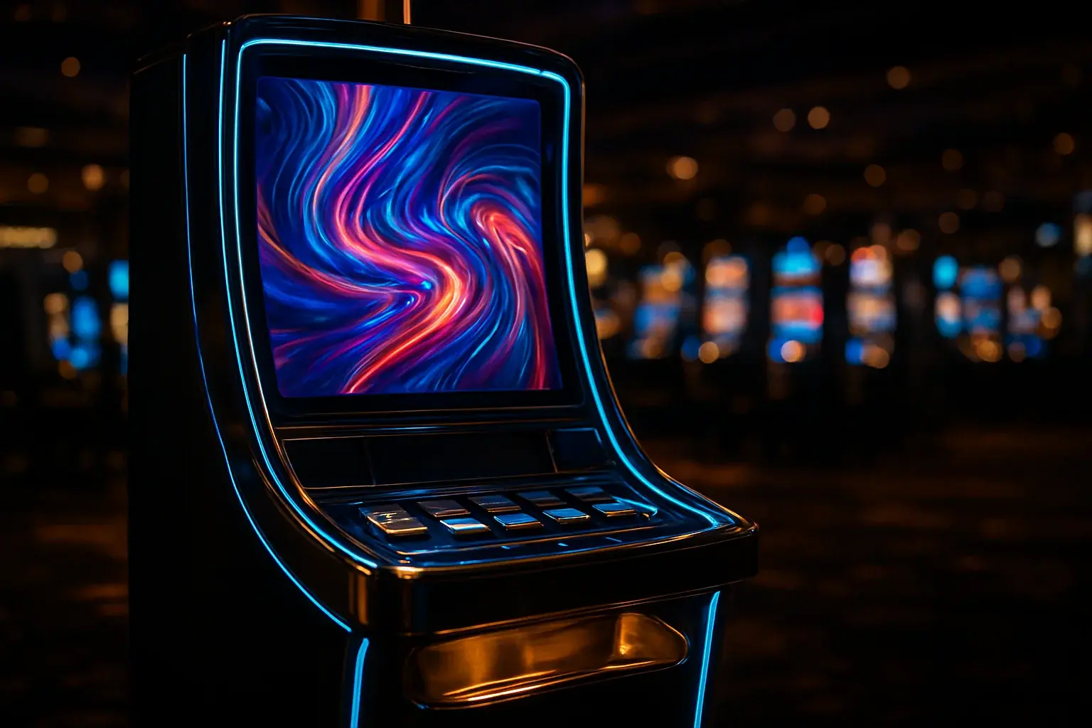 Hyperrealistic premium slot machine glowing in dark luxury casino floor